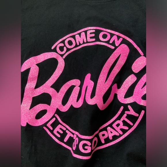 BARBIE X JAYNE FASHION Glitter Pink Scoop Neck Black T-Shirt Women’s Size Small - Picture 2 of 13